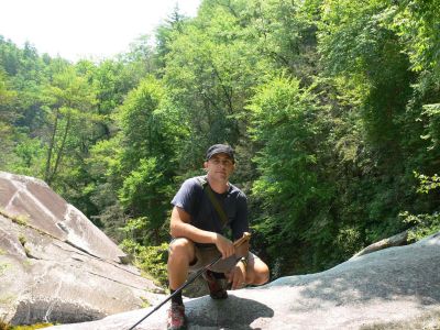 Tony
Tony is not only a crew member but, Family. Married my Granddaughter! Other than that, HE IS OK. A great athlete; rides bikes, and a needed member. 

Our firsts hike together but, one waterfall is never enough. This is atop Steel Creek Falls, NC
